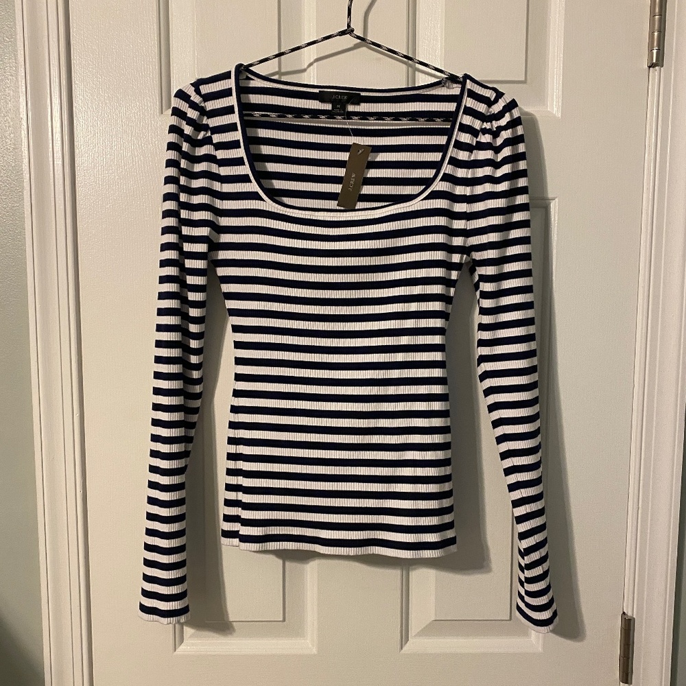 J. Crew Navy and White Striped Long Sleeve Ribbed Tee - Picture 2 of 8